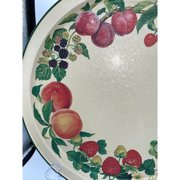 Vintage Potpourri Press Metal Tray Summer Fruits 1991 Green Red Peach 13.5” - Picture 3 of 12